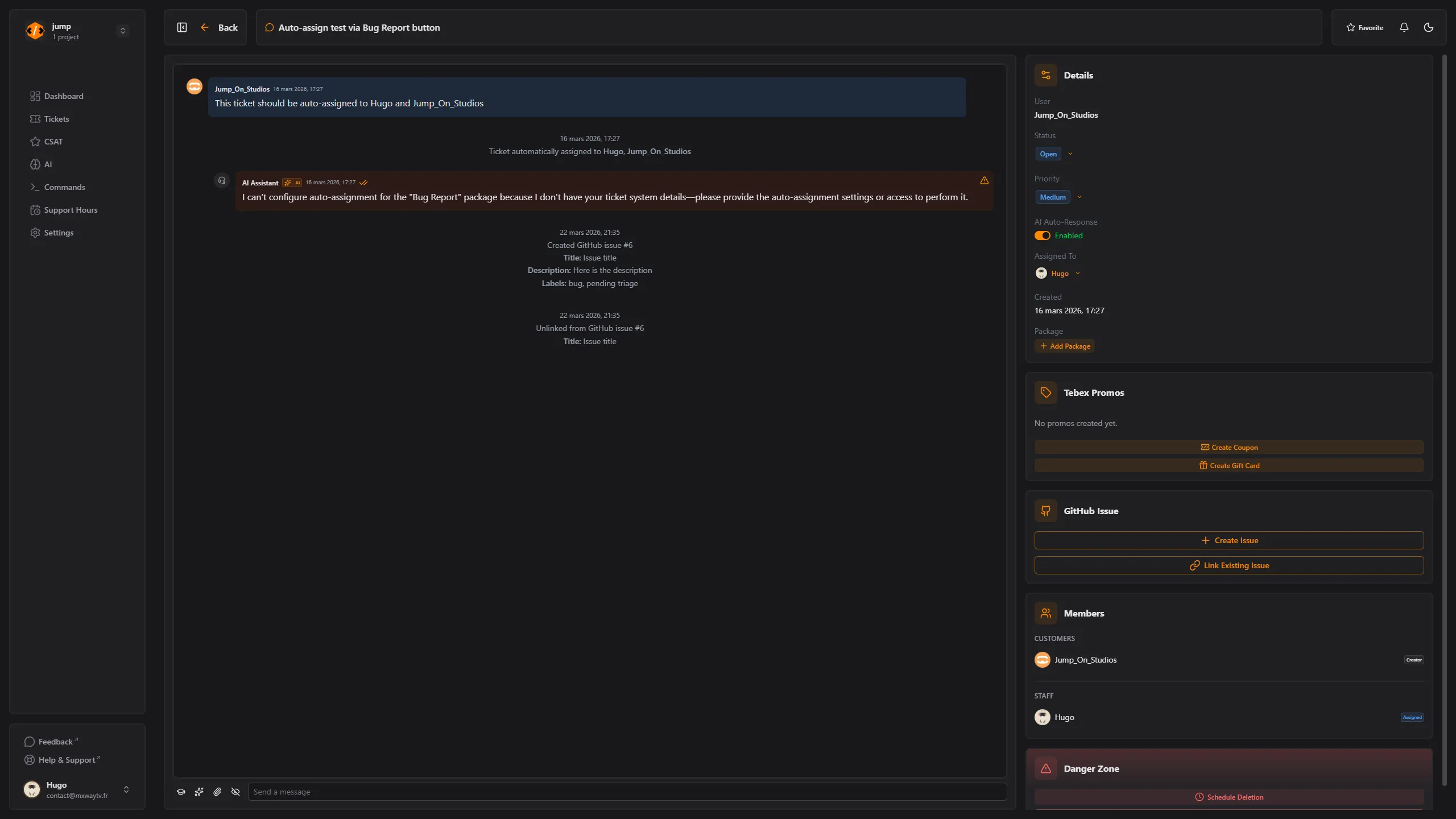 Ticket conversation with Tebex purchase history