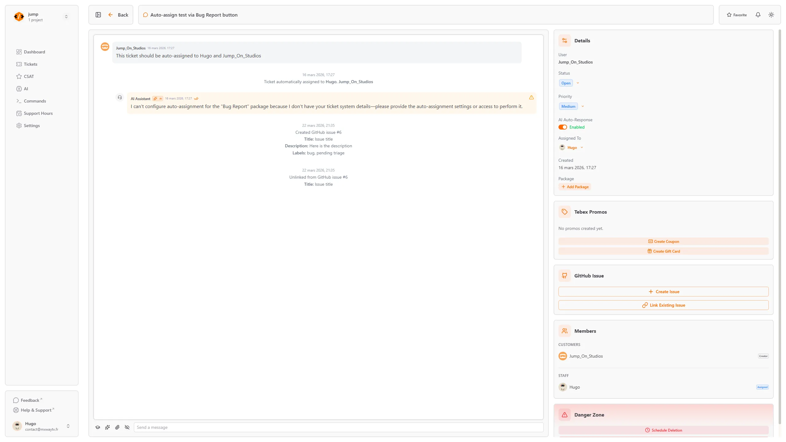 Ticket conversation with Tebex purchase history